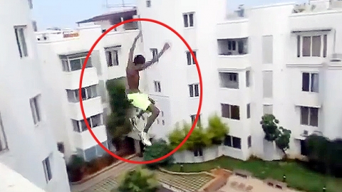 고소공포를 즐기는 男…건물옥상에서 맨몸 점프!