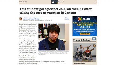 美紙 보도“멕시코 칸쿤 여행 중 SAT 만점”, 美고교 재학 한국유학생 서준수 군 사연소개