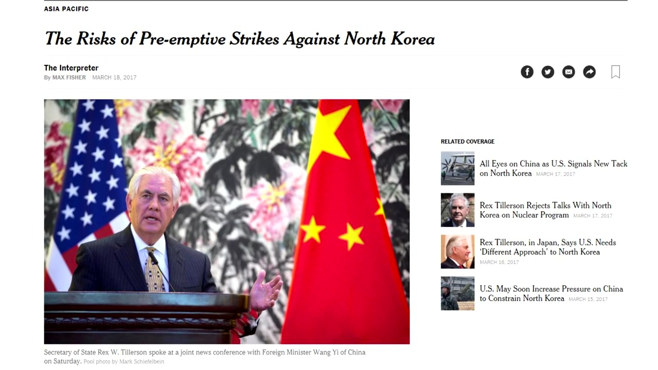 NYT "美, 대북선제타격은 매우 위험...전면전 우려"