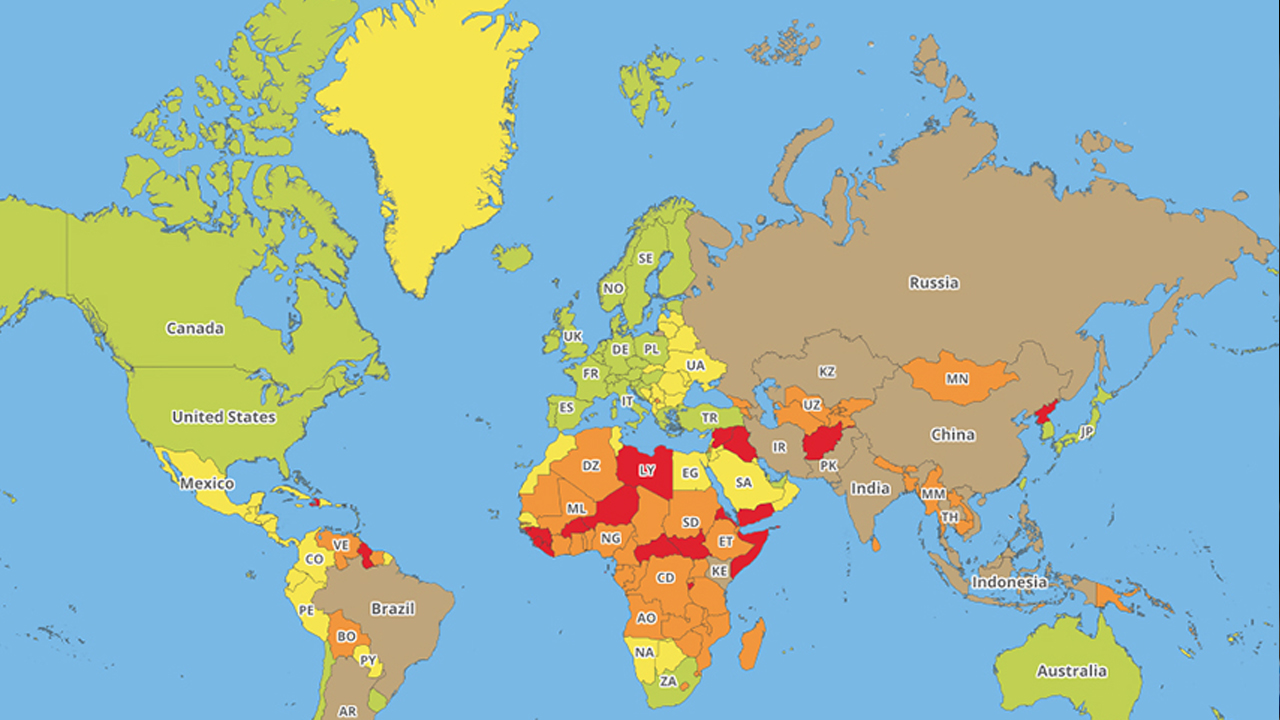 세계 지도로 보는 '여행하기 위험한 나라와 안전한 나라'