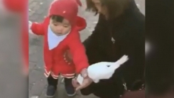 '내 과자 건드리지 마'...비둘기 목덜미 잡은 아이
