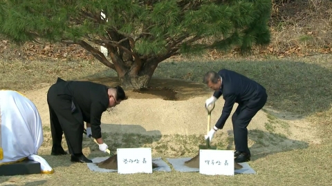  문재인 대통령·김정은 위원장, 1953년생 소나무로 공동 식수