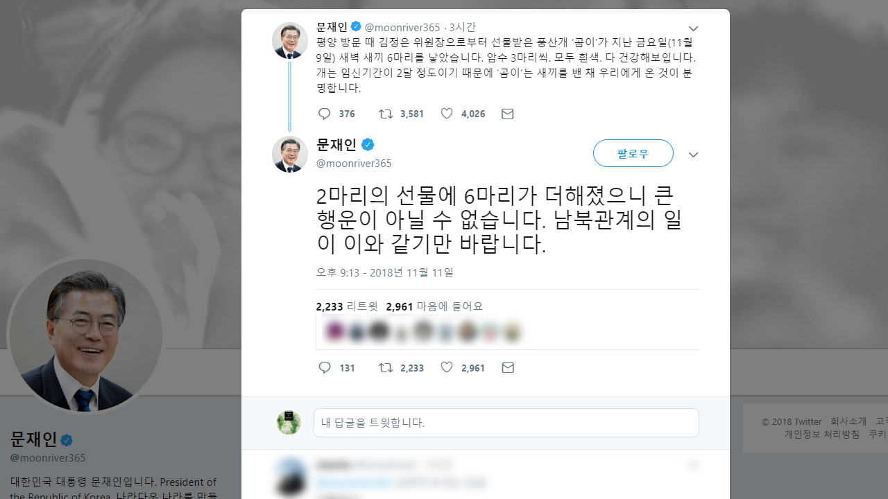 문재인 대통령 "북한에서 선물받은 풍산개 '곰이' 새끼 낳아" 