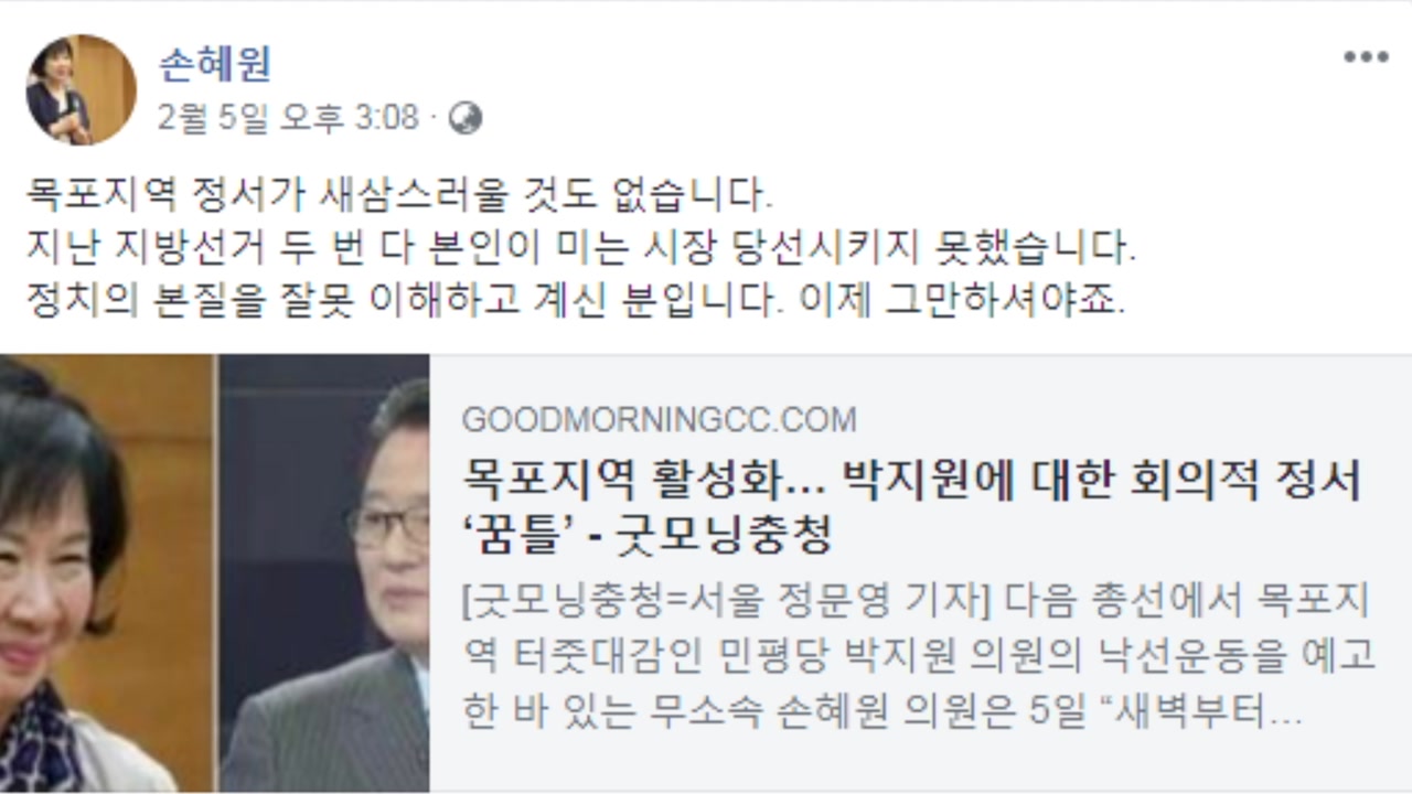 설날에 공격 재개한 손혜원, '박지원 vs 손혜원' 2 라운드?