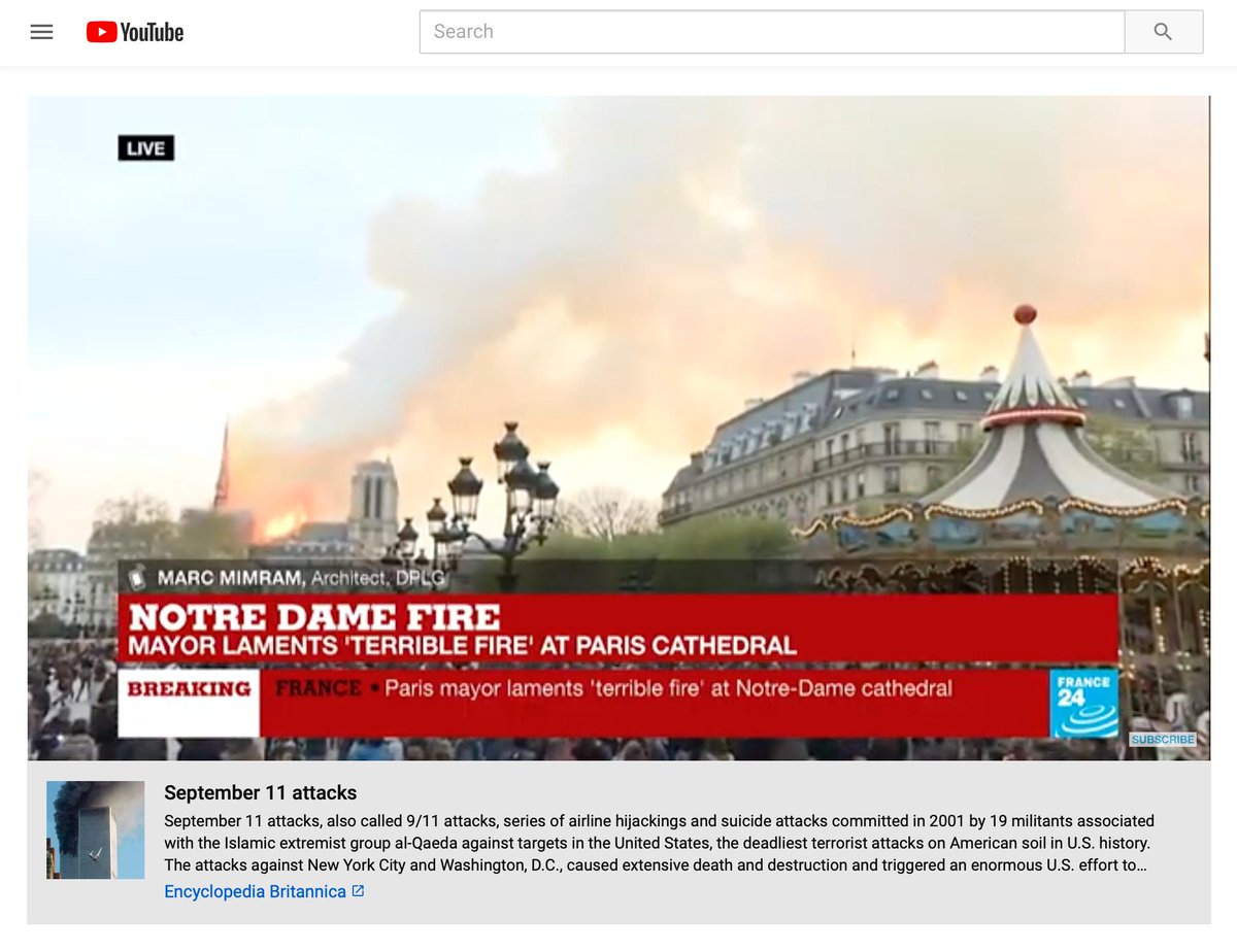 유튜브, 노트르담 화재 연관 영상에 '9·11 테러' 링크 논란