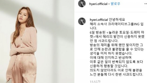 '방송 중 동생 쇼핑몰 홍보' 가수 혜리 "죄송합니다"