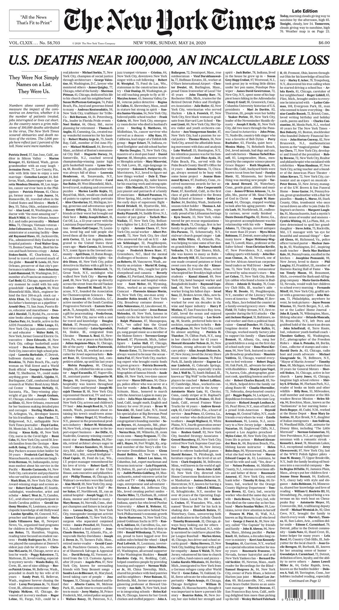 코로나19 사망자 이름으로 빼곡한 NYT 1면..."이들이 우리다"