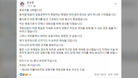 민주 조수진, 강북을 후보 사퇴..."국민 눈높이 달라"