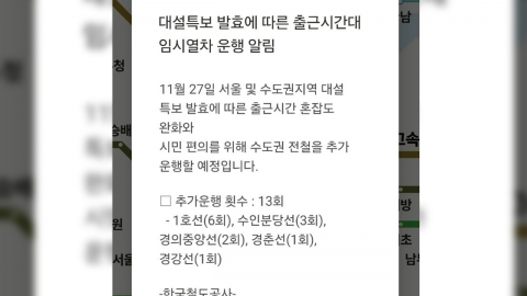  코레일, 대설특보 발효로 임시열차 13편 운행