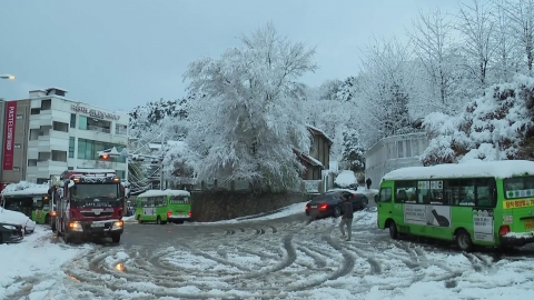 The first snow in Seoul is "Heavy Snow"."Traffic chaos" everywhere on the way to work.