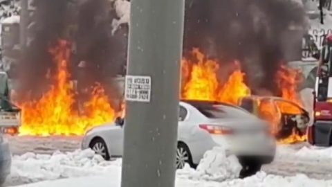 The window of the car was "wrecked" by the "snow ball" that flew in...Heavy snow and car fire.