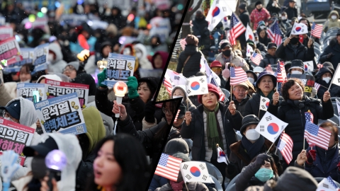 Gwanghwamun divided by cheering sticks and flags... "Immediately dismissed" vs "opposition to impeachment"