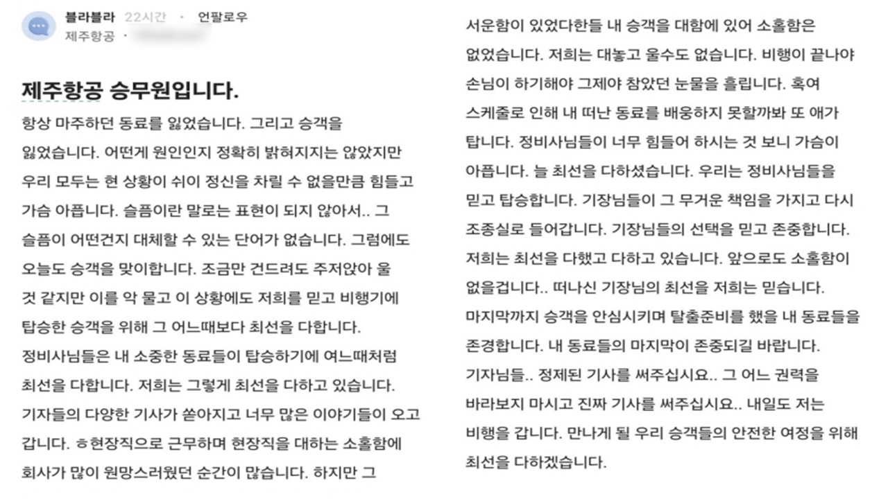 Jeju Air's current flight attendant who lost his colleague, said, "I'm crying because I held back after getting down the customer."