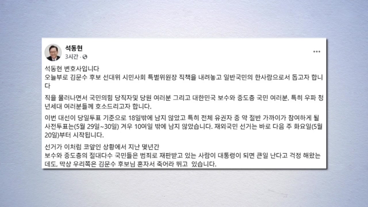 '윤 탄핵심판 대리인' 석동현, 국민의힘 선대위 사퇴