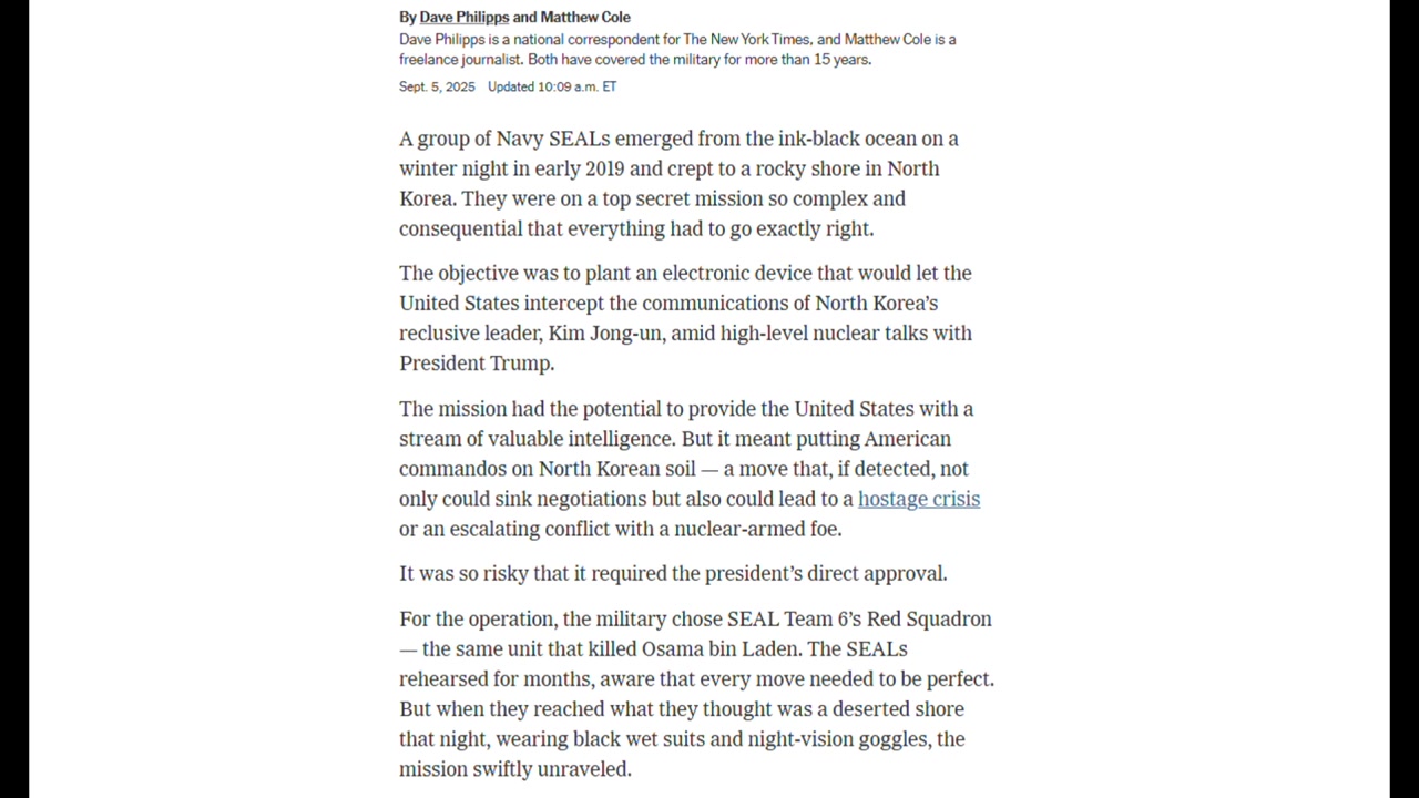 NYT "미 특수부대, 2019년 김정은 도청 위해 북 침투했다 실패"