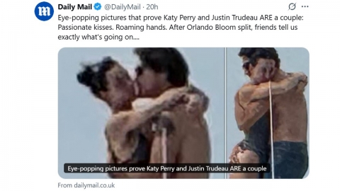 "트뤼도 전 캐나다 총리, 가수 케이티 페리와 요트서 애정행각"