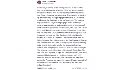 트럼프, 온두라스 대선서 우파 공개 지지..."원조 제공할 것"