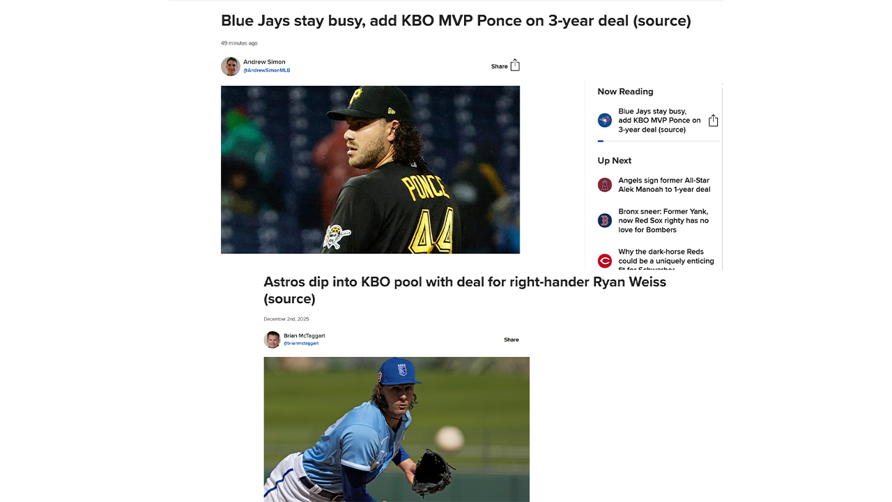 "KBO MVP 폰세, MLB 토론토와 계약...와이스는 휴스턴 유력"