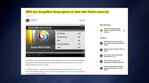 MLB닷컴도 '송성문 샌디에이고 계약 임박' 보도