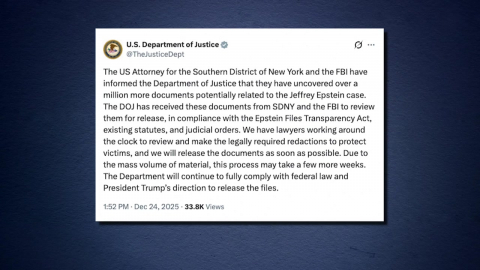 미 법무부 "엡스타인 자료 100만 건 추가돼…공개에 몇 주 걸려"