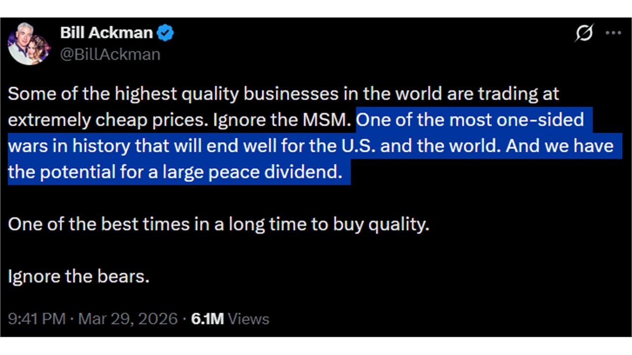 월가 헤지펀드 거물 애크먼 "이란 전쟁, 좋은 결과로 끝날 것"...불확실성 속 반등 낙관론