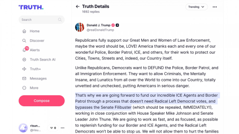 트럼프 "ICE 예산 법안 6월 1일까지 보내라...필리버스터 폐지돼야"