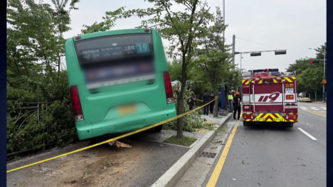 중앙선 넘어 정류장 들이받은 버스…승객 3명 이송