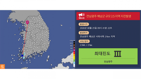  해남서 이틀 만에 또 규모 2.5 지진...12일 새 8차례